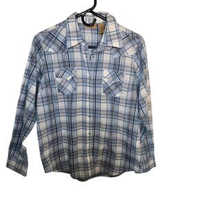 Wrangler Mens Blue White Plaid Pearl Snap Western Button Down Shirt Size Medium